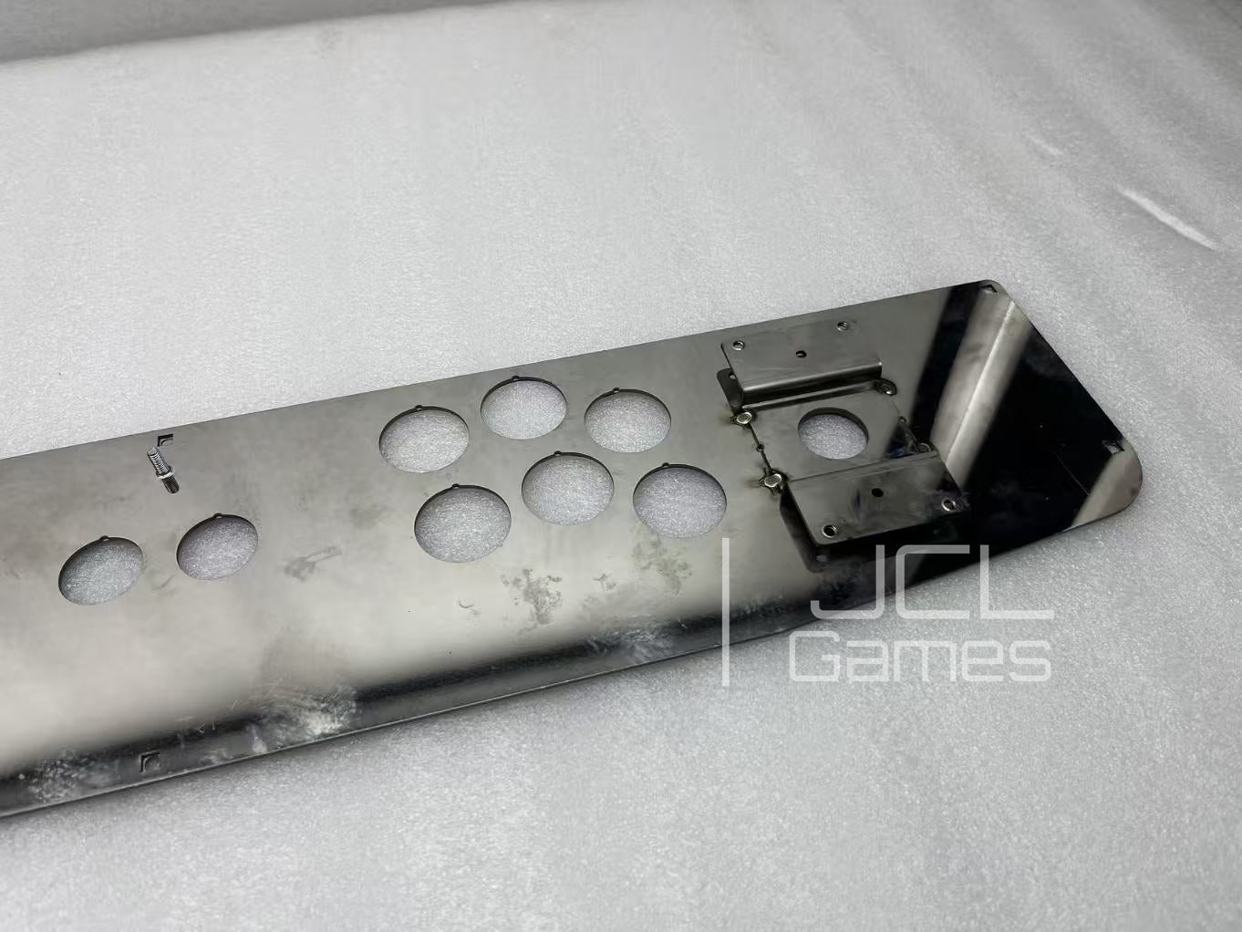 Close up of back view and mounting holes for 1:1 reproduction arcade console panel